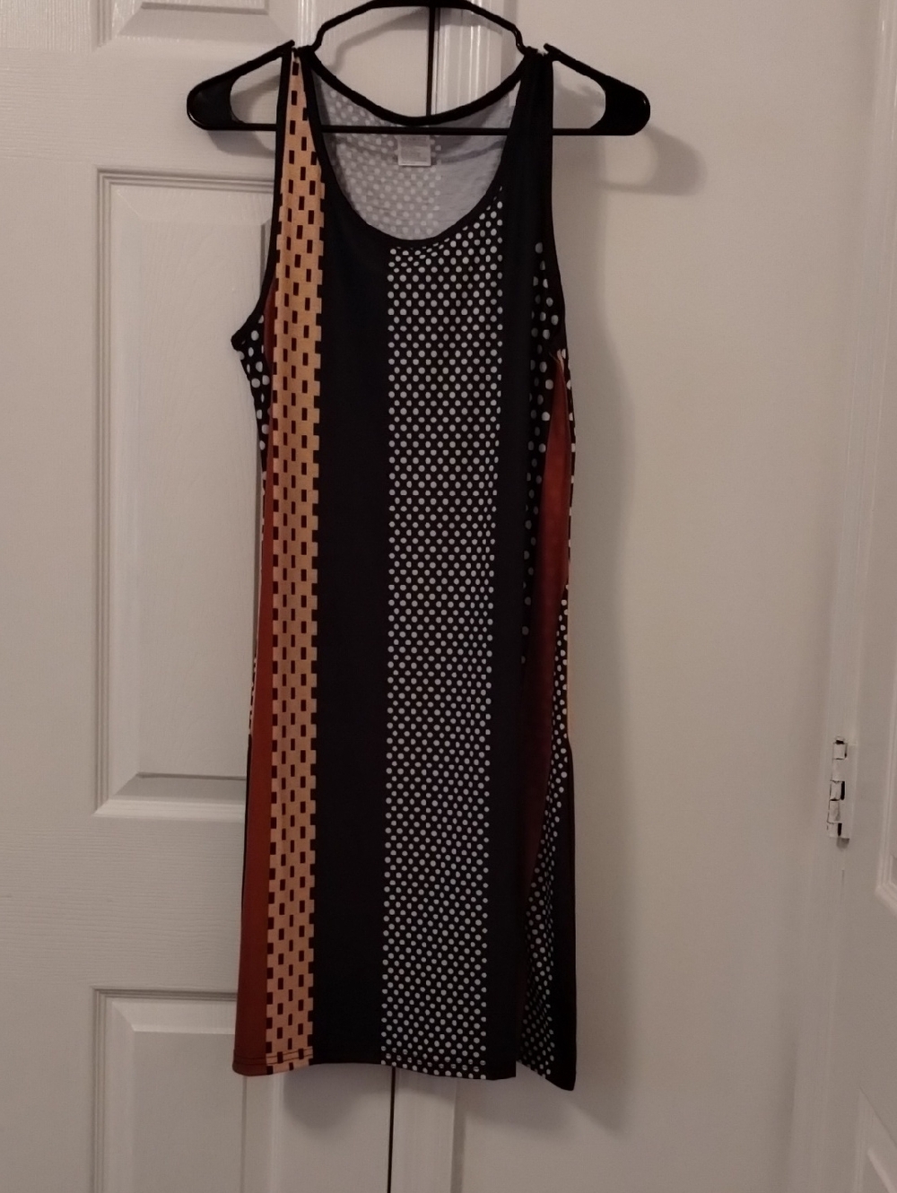 Sleeveless Midi Dress in Black and Rust with Polka Dot & Stripe Panels